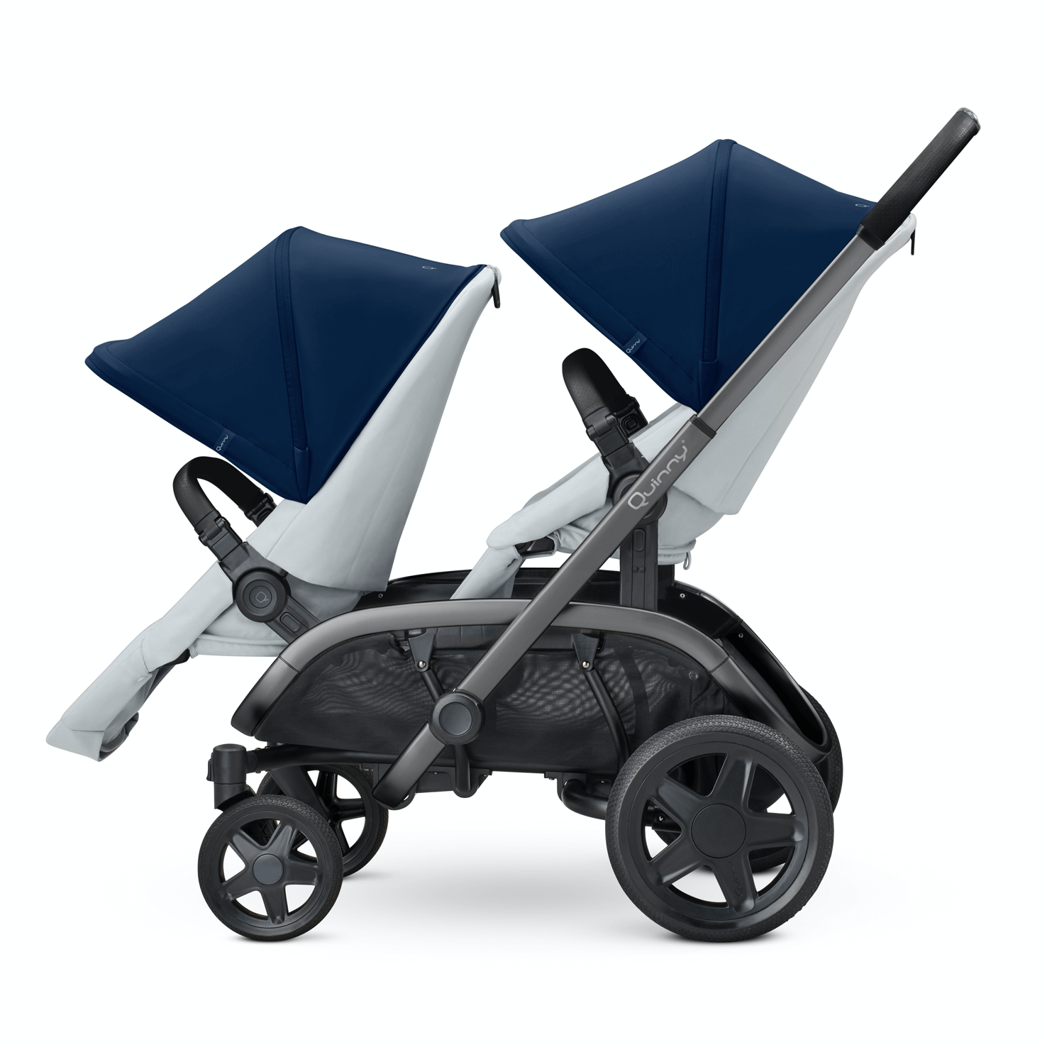 Design of blue Quinny stroller facing forward